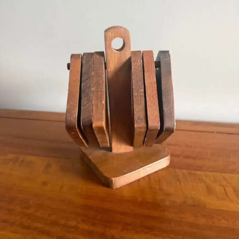 Vintage Wooden Coaster Set with Stand